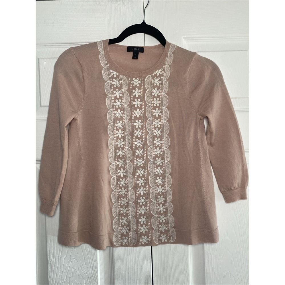 J Crew Womens XS Pink Merino Wool A Line Sweater‎ Embroidery Clean Girl Grandma